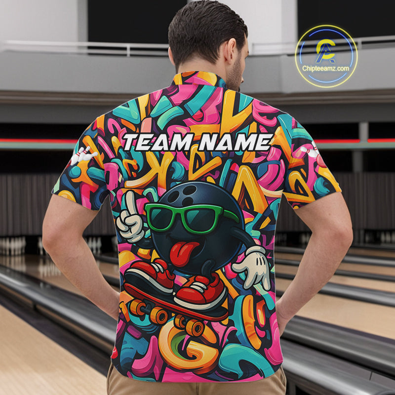 Funny colorful graffiti pattern Bowling Team Polo, 1/4 Zip Shirt For Men Custom Mens Bowling Jersey NQS10823