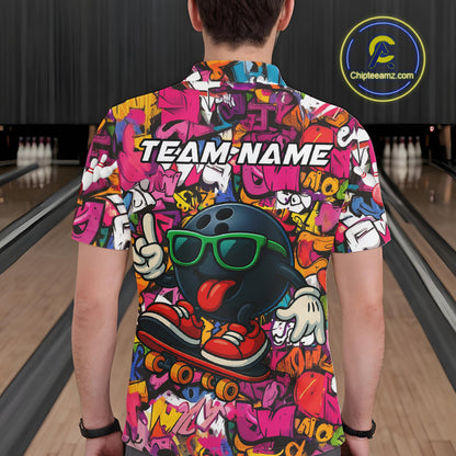 Funny pink graffiti pattern Bowling Team Polo, 1/4 Zip Shirt For Men Custom Mens Bowling Jersey NQS10824