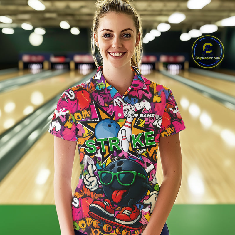 Funny pink graffiti pattern Bowling Team Shirt For Women Custom Ladies Bowling Jersey NQS10824