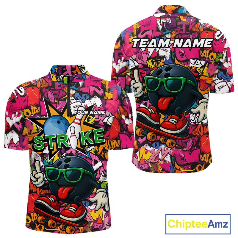 Funny pink graffiti pattern Bowling Team Polo, 1/4 Zip Shirt For Men Custom Mens Bowling Jersey NQS10824