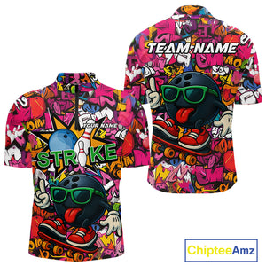 Funny pink graffiti pattern Bowling Team Polo, 1/4 Zip Shirt For Men Custom Mens Bowling Jersey NQS10824