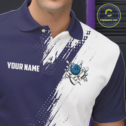Custom Blue and White Strike Bowling Shirts Men Polo, Quarter Zip Bowling Team Jerseys Bowling League NQS10826