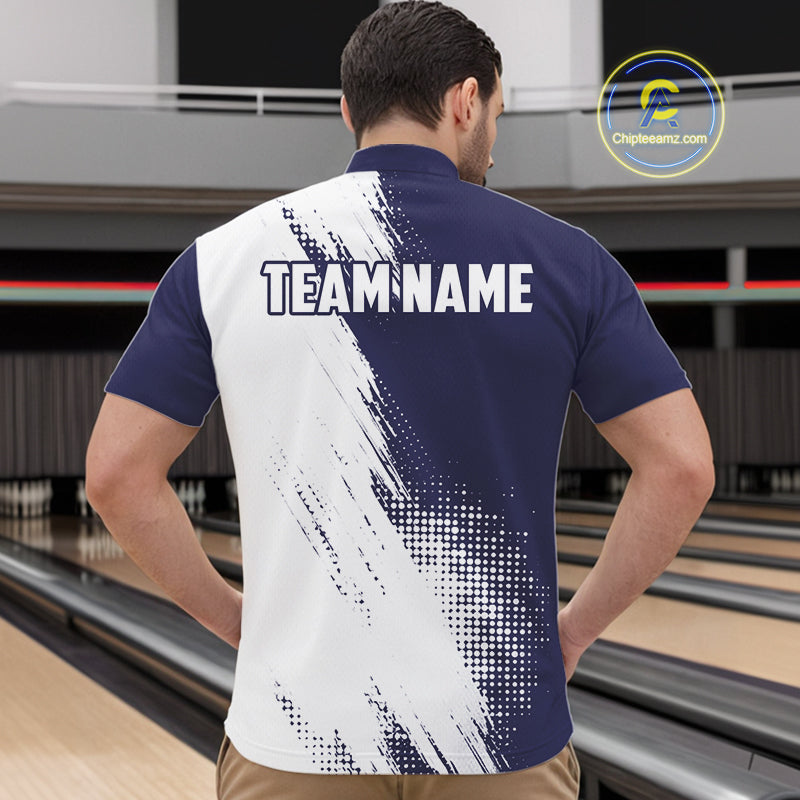 Custom Blue and White Strike Bowling Shirts Men Polo, Quarter Zip Bowling Team Jerseys Bowling League NQS10826
