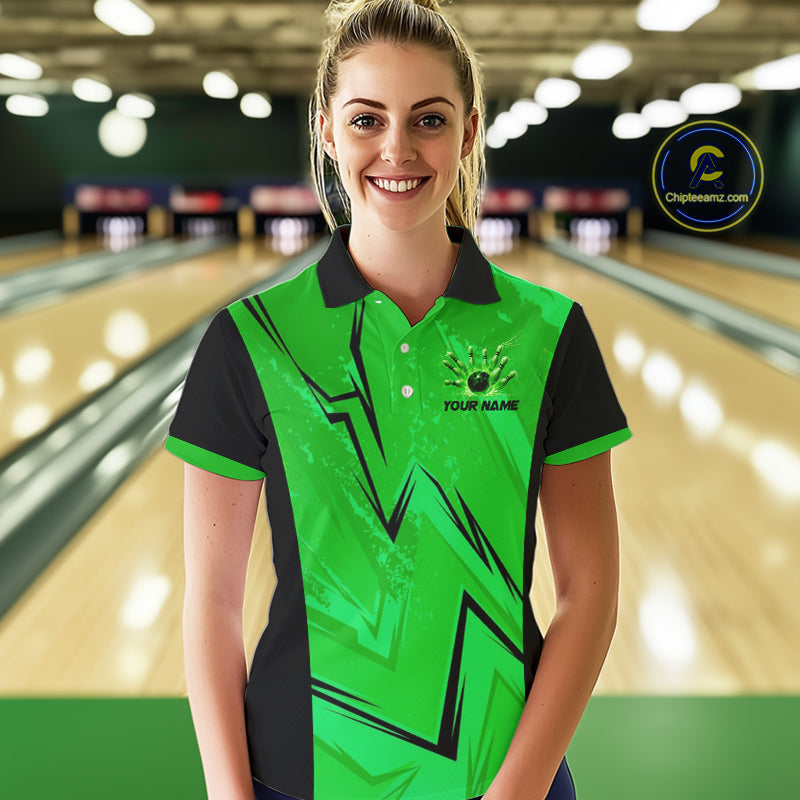 Personalized Green Lightning Thunder Bowling Polo, Quarter Zip Shirts For Women, Team Bowling Jersey NQS10832