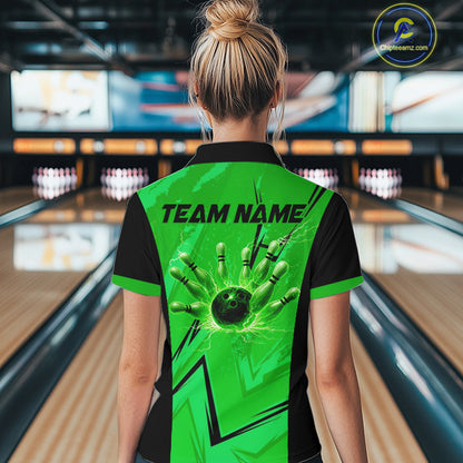 Personalized Green Lightning Thunder Bowling Polo, Quarter Zip Shirts For Women, Team Bowling Jersey NQS10832