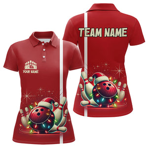 Red Christmas Bowling Polo, Quarter Zip Shirts For Women Custom Christmas Gift Bowling Team Jerseys NQS9128