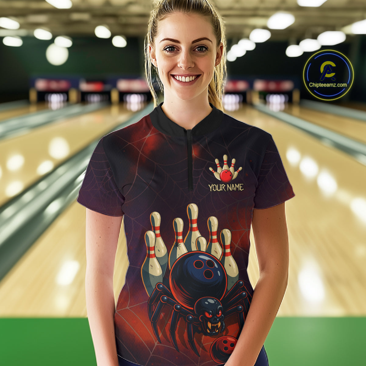 Personalized Funny Angry Spider Bowling Team Polo, 1/4 Zip Shirts For Women, Spider Bowling Jerseys NQS11204