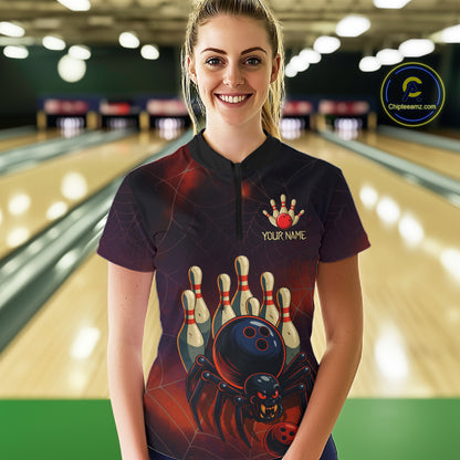Personalized Funny Angry Spider Bowling Team Polo, 1/4 Zip Shirts For Women, Spider Bowling Jerseys NQS11204