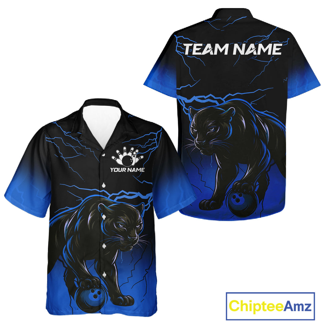 Black and Blue Lightning Thunder Panther Bowling Team Hawaiian Shirt Custom Panther Bowling Jerseys NQS11205