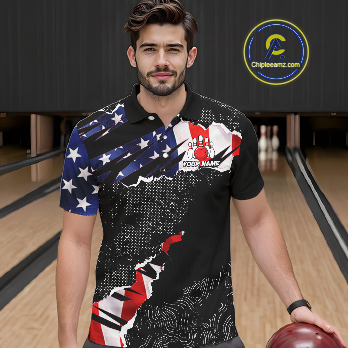 Custom bowling polo shirts, 1/4 zip shirts for men, US Flag patriotic team bowling league shirts NQS11409