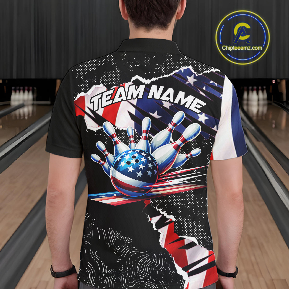 Custom bowling polo shirts, 1/4 zip shirts for men, US Flag patriotic team bowling league shirts NQS11409