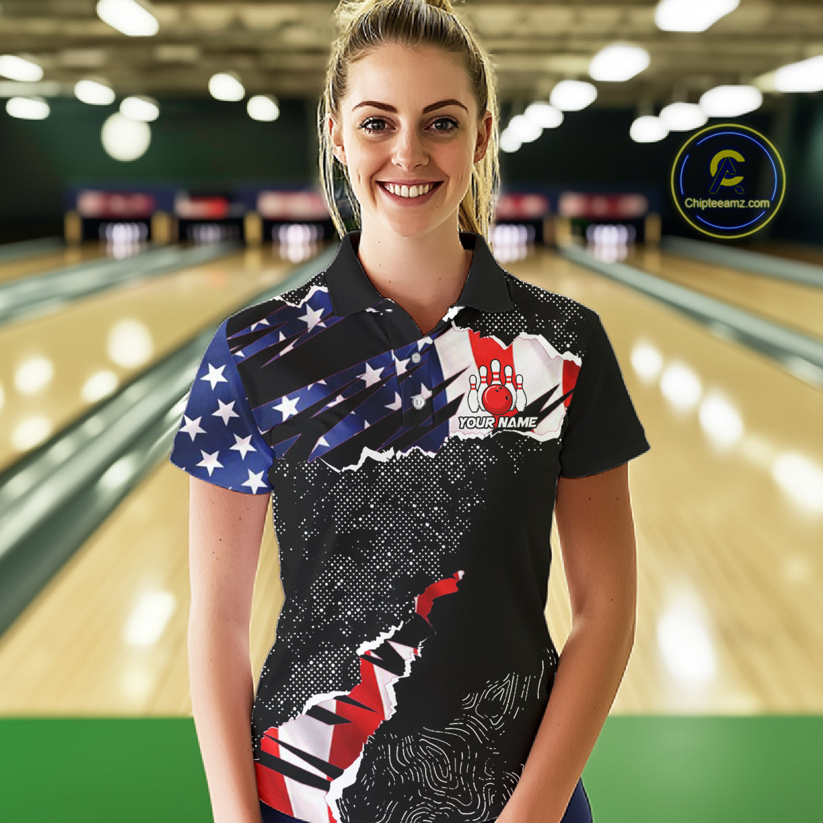 Custom bowling polo shirts, 1/4 zip shirts for Women, US Flag patriotic team bowling league shirts NQS11409