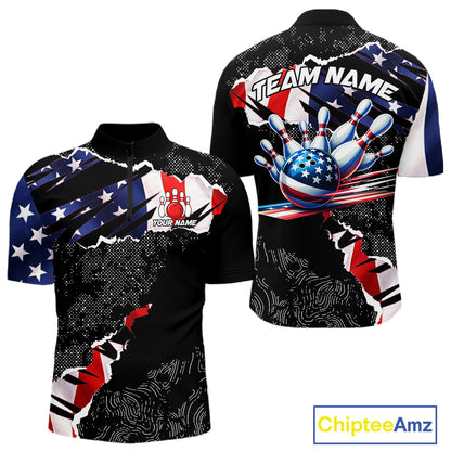 Custom bowling polo shirts, 1/4 zip shirts for men, US Flag patriotic team bowling league shirts NQS11409