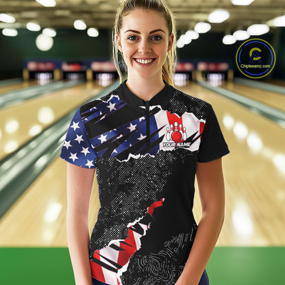 Custom bowling polo shirts, 1/4 zip shirts for Women, US Flag patriotic team bowling league shirts NQS11409