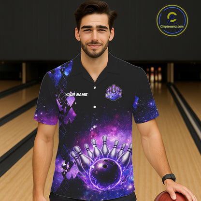 Purple Flame galaxy argyle Custom button-up bowling shirts, team bowling league jerseys NQS11410