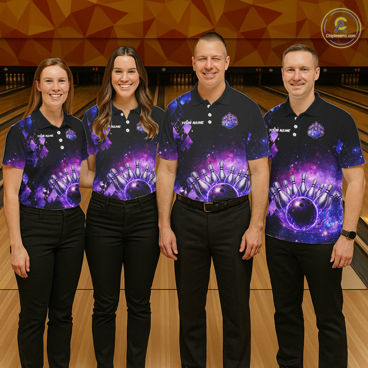 Purple Flame galaxy argyle Custom bowling polo shirts, 1/4 zip for men, team bowling league jerseys NQS11410