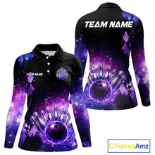 Load image into Gallery viewer, Purple Flame galaxy argyle Custom bowling polo shirts, 1/4 zip for women, team bowling league jerseys NQS11410