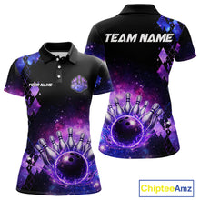 Load image into Gallery viewer, Purple Flame galaxy argyle Custom bowling polo shirts, 1/4 zip for women, team bowling league jerseys NQS11410