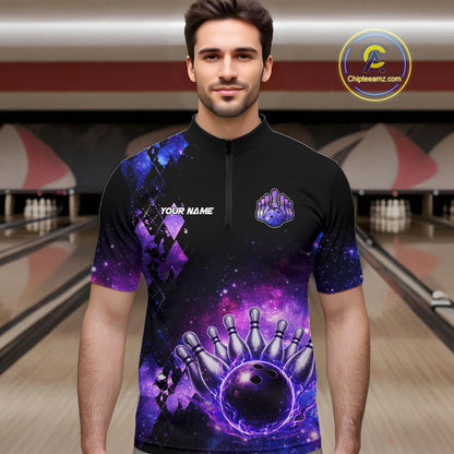 Purple Flame galaxy argyle Custom bowling polo shirts, 1/4 zip for men, team bowling league jerseys NQS11410