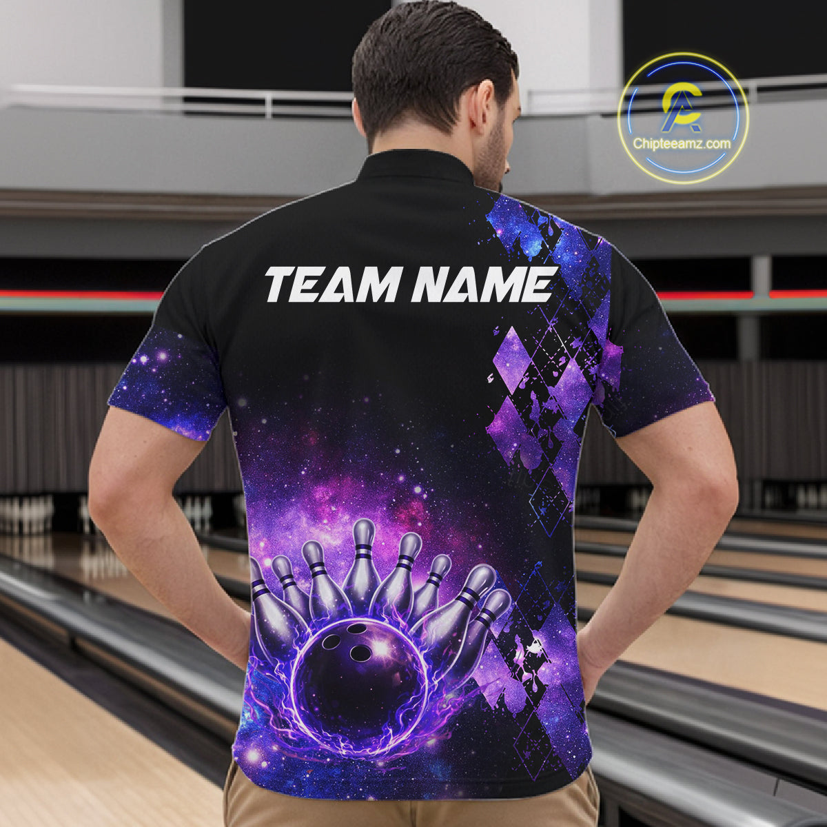 Purple Flame galaxy argyle Custom bowling polo shirts, 1/4 zip for men, team bowling league jerseys NQS11410