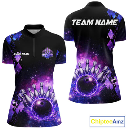 Purple Flame galaxy argyle Custom bowling polo shirts, 1/4 zip for women, team bowling league jerseys NQS11410
