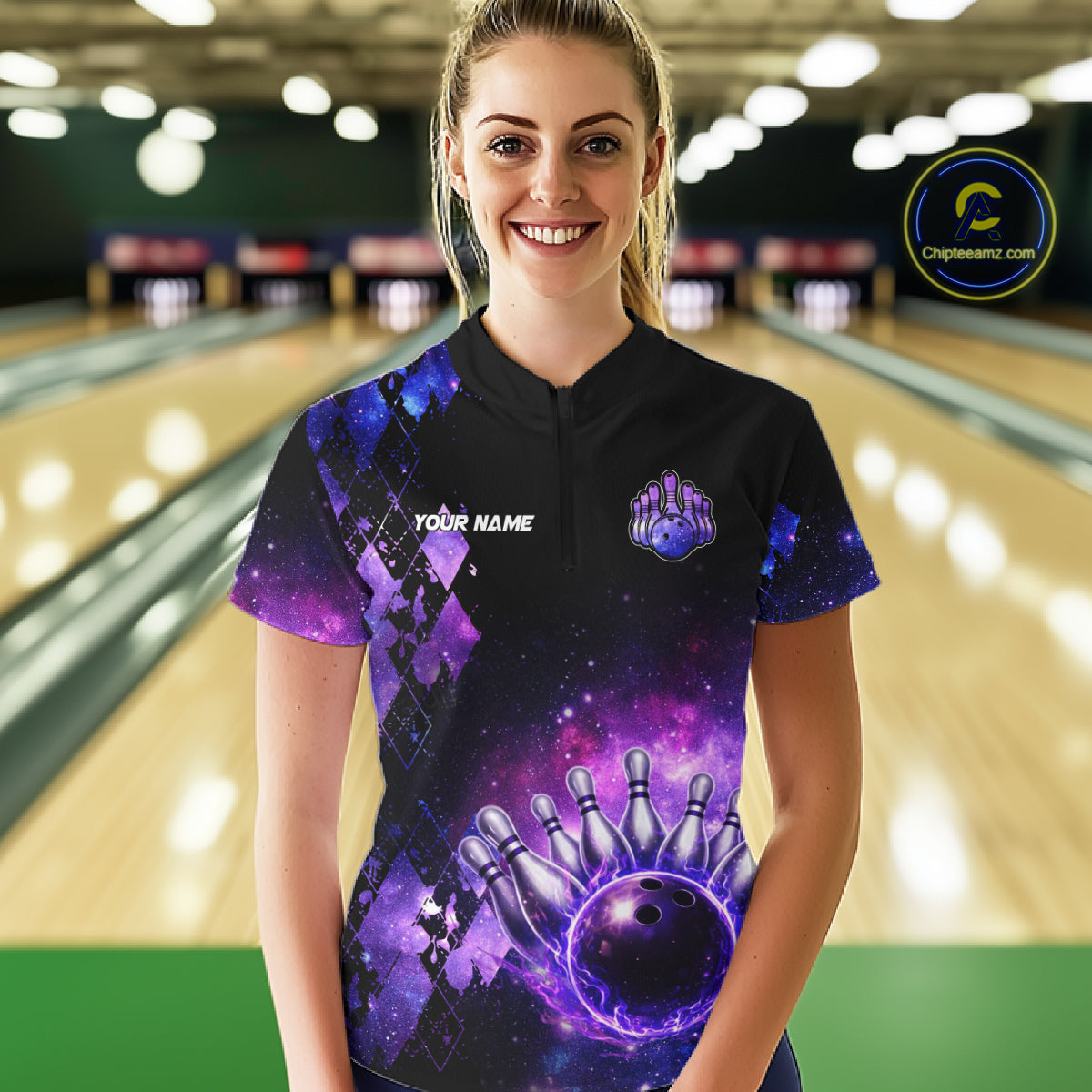 Purple Flame galaxy argyle Custom bowling polo shirts, 1/4 zip for women, team bowling league jerseys NQS11410