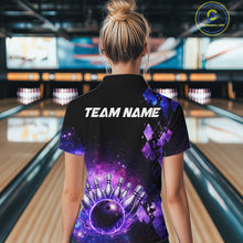 Load image into Gallery viewer, Purple Flame galaxy argyle Custom bowling polo shirts, 1/4 zip for women, team bowling league jerseys NQS11410