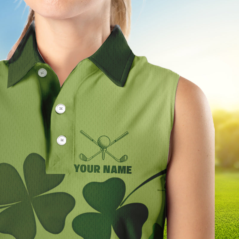 Green shamrock Lucky Golf Sleeveless Polo Shirts For Women Custom St Patrick Day Team Golf Shirts NQS9470
