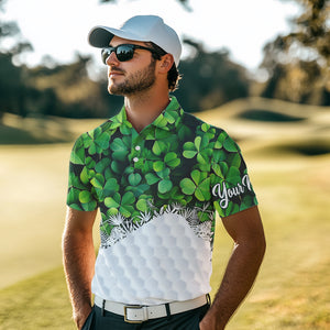 Mens golf polo shirts custom Green clover golf pattern white St Patrick Day golf attire for mens NQS9473