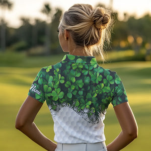 Womens golf polo shirts custom Green clover golf pattern white St Patrick Day golf attire for ladies NQS9473
