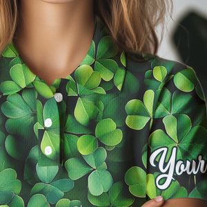 Womens golf polo shirts custom Green clover golf pattern white St Patrick Day golf attire for ladies NQS9473