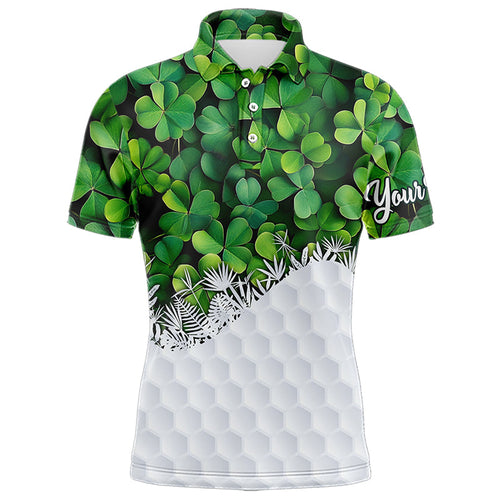 Mens golf polo shirts custom Green clover golf pattern white St Patrick Day golf attire for mens NQS9473