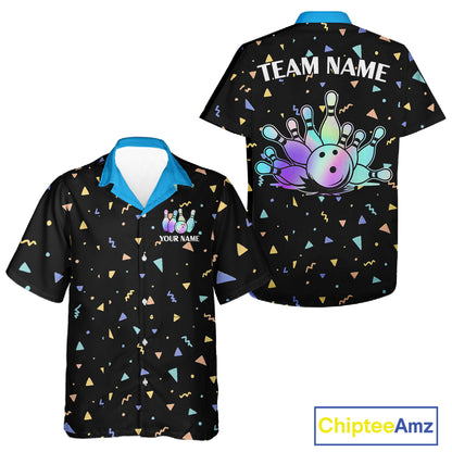 Hologram colors geometric pattern Black Bowling Button-up Shirts Custom Team Bowling League Jersey NQS11607