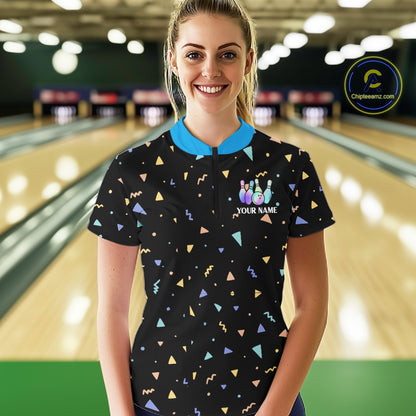 Hologram colors geometric pattern Black Bowling Shirts for Women Custom Team Bowling League Jersey NQS11607