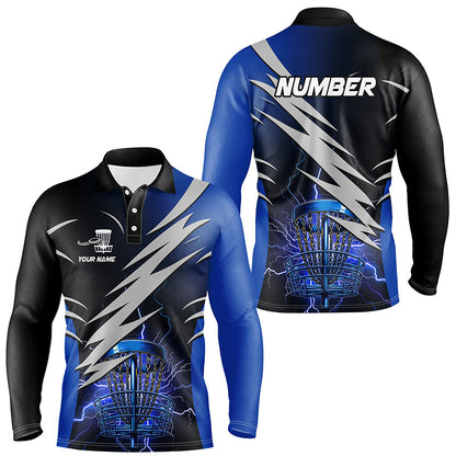 Mens disc golf polo shirts custom blue lightning thunder disc golf basket disc golf attire NQS8006