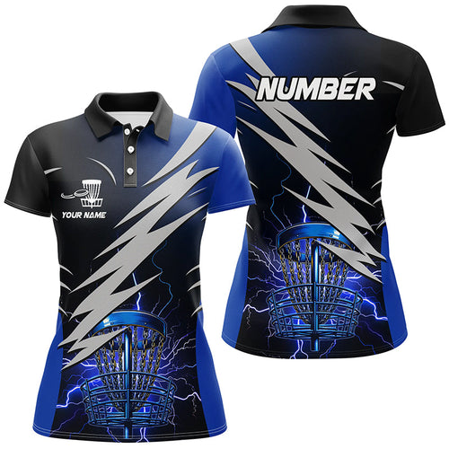 Womens disc golf polo shirts custom blue lightning thunder disc golf basket frisbee golf attire NQS8006