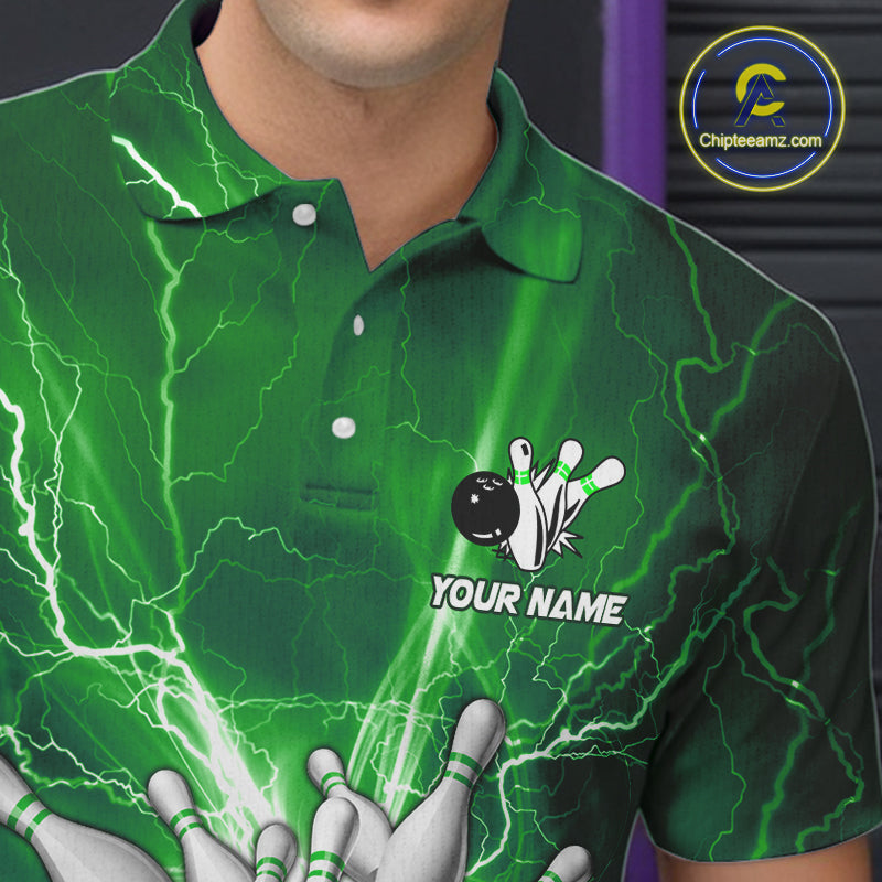 Men's Bowling Shirts Custom Green Lightning Thunder Bowling Team Jersey, gift for team Bowlers NQS10602