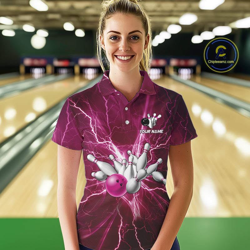 Women's Bowling Shirts Custom Pink Lightning Thunder Bowling Team Jersey, gift for team Bowlers NQS10603