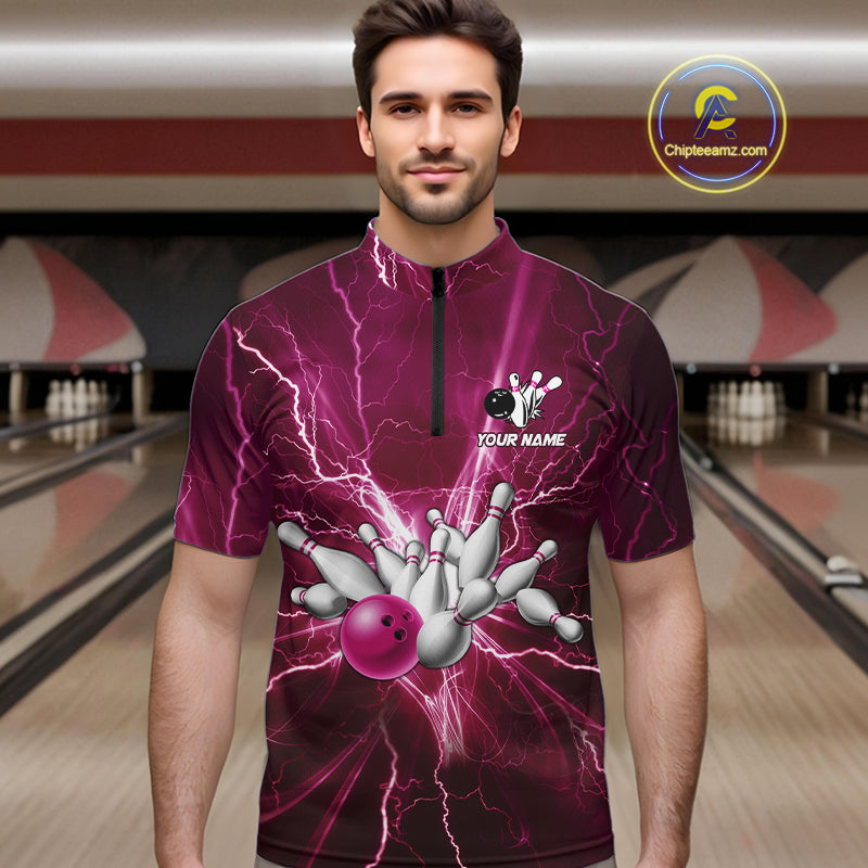 Men's Bowling Shirts Custom Pink Lightning Thunder Bowling Team Jersey, gift for team Bowlers NQS10603