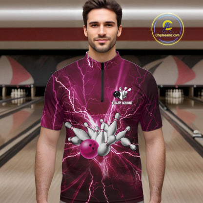 Men's Bowling Shirts Custom Pink Lightning Thunder Bowling Team Jersey, gift for team Bowlers NQS10603