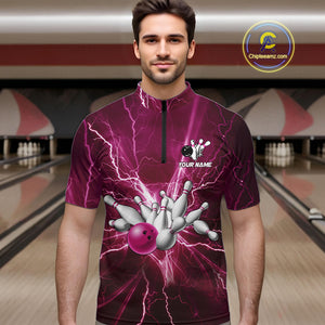 Men's Bowling Shirts Custom Pink Lightning Thunder Bowling Team Jersey, gift for team Bowlers NQS10603