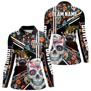 Sugar Skull Pattern Custom Women Team Bowling Polo, Quarter Zip Shirts, Halloween Team Bowling Jerseys NQS8655