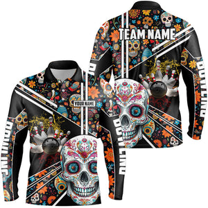 Sugar Skull Pattern Custom Mens Team Bowling Polo, Quarter Zip Shirts, Halloween Team Bowling Jerseys NQS8655