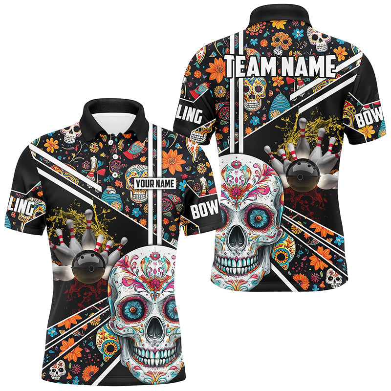 Sugar Skull Pattern Custom Mens Team Bowling Polo, Quarter Zip Shirts, Halloween Team Bowling Jerseys NQS8655