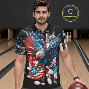 Personalized American Flag Eagle Lightning Thunder Bowling Team Shirt For Men, Patriotic Bowling Gift NQS10834