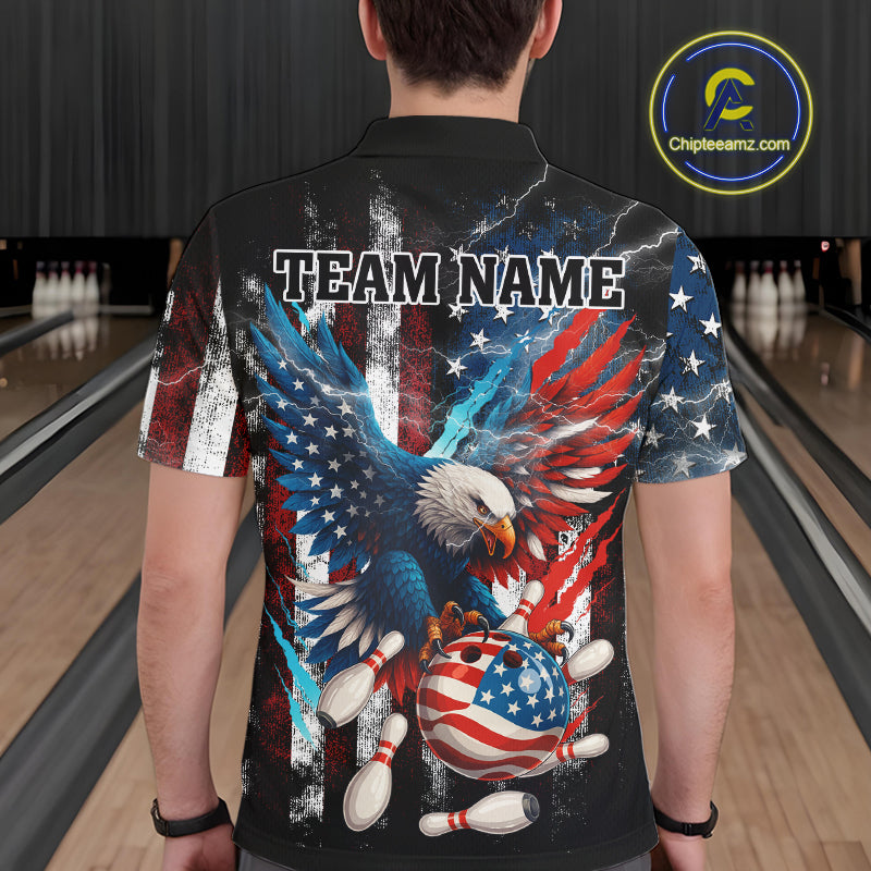 Personalized American Flag Eagle Lightning Thunder Bowling Team Shirt For Men, Patriotic Bowling Gift NQS10834