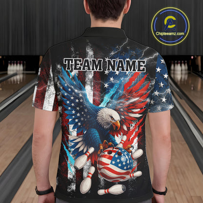 Personalized American Flag Eagle Lightning Thunder Bowling Team Shirt For Men, Patriotic Bowling Gift NQS10834