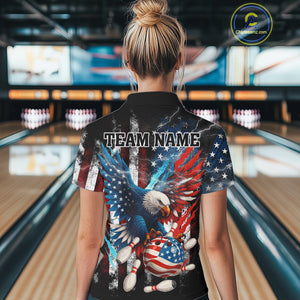 Personalized American Flag Eagle Lightning Thunder Women Bowling Team Shirts, Patriotic Bowling Gift NQS10834