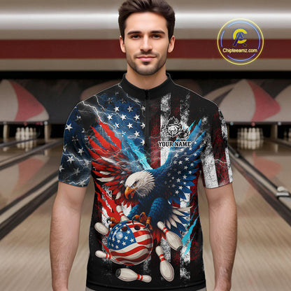 Personalized American Flag Eagle Lightning Thunder Bowling Team Shirt For Men, Patriotic Bowling Gift NQS10834