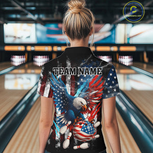 Personalized American Flag Eagle Lightning Thunder Women Bowling Team Shirts, Patriotic Bowling Gift NQS10834